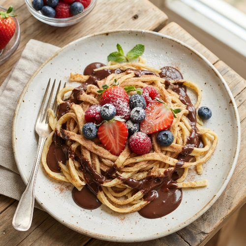 Izel se pannekoek-spaghetti met sjokoladesous en bessies