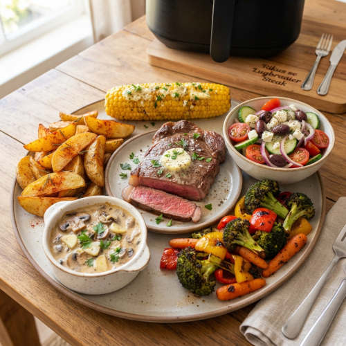Rikus se maklike steak in ’n lugbraaier met heerlike bykosse