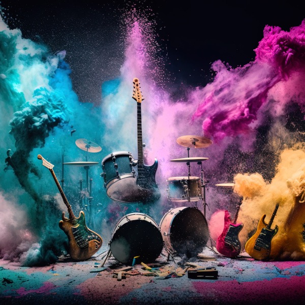Guitars and drums  with rainbow paint energetic explosion, Gener