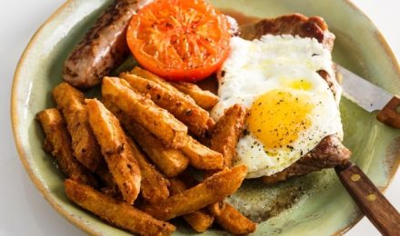 Breakfast for champions – spicy chips served with steak, sausage, and fried egg00006
